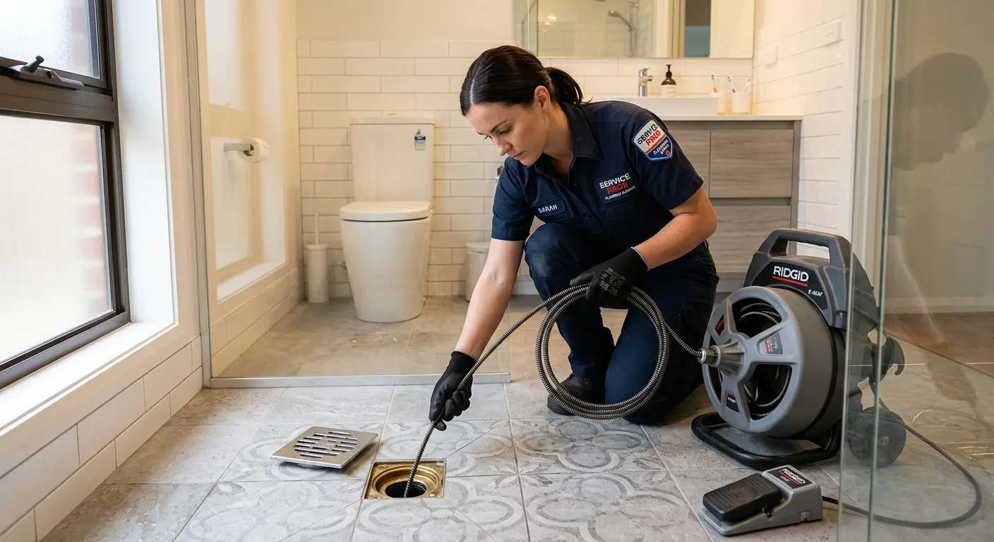 Technician clearing a bathroom floor drain for Drain Cleaning in Marina